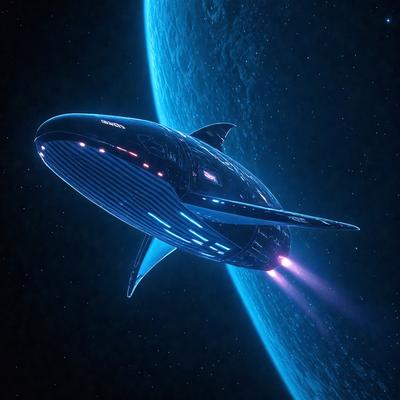The primary subject of the image is a futuristic spacecraft, which appears to be a large, sleek, and shiny vessel. The spacecraft is flying through the night sky, with a blue planet visible in the background. The visual style of the image is a combination of photo and digital art, creating a striking and realistic representation of the spacecraft. The colors and mood of the image are predominantly dark and dramatic, with the blue planet adding a touch of contrast and interest to the scene.